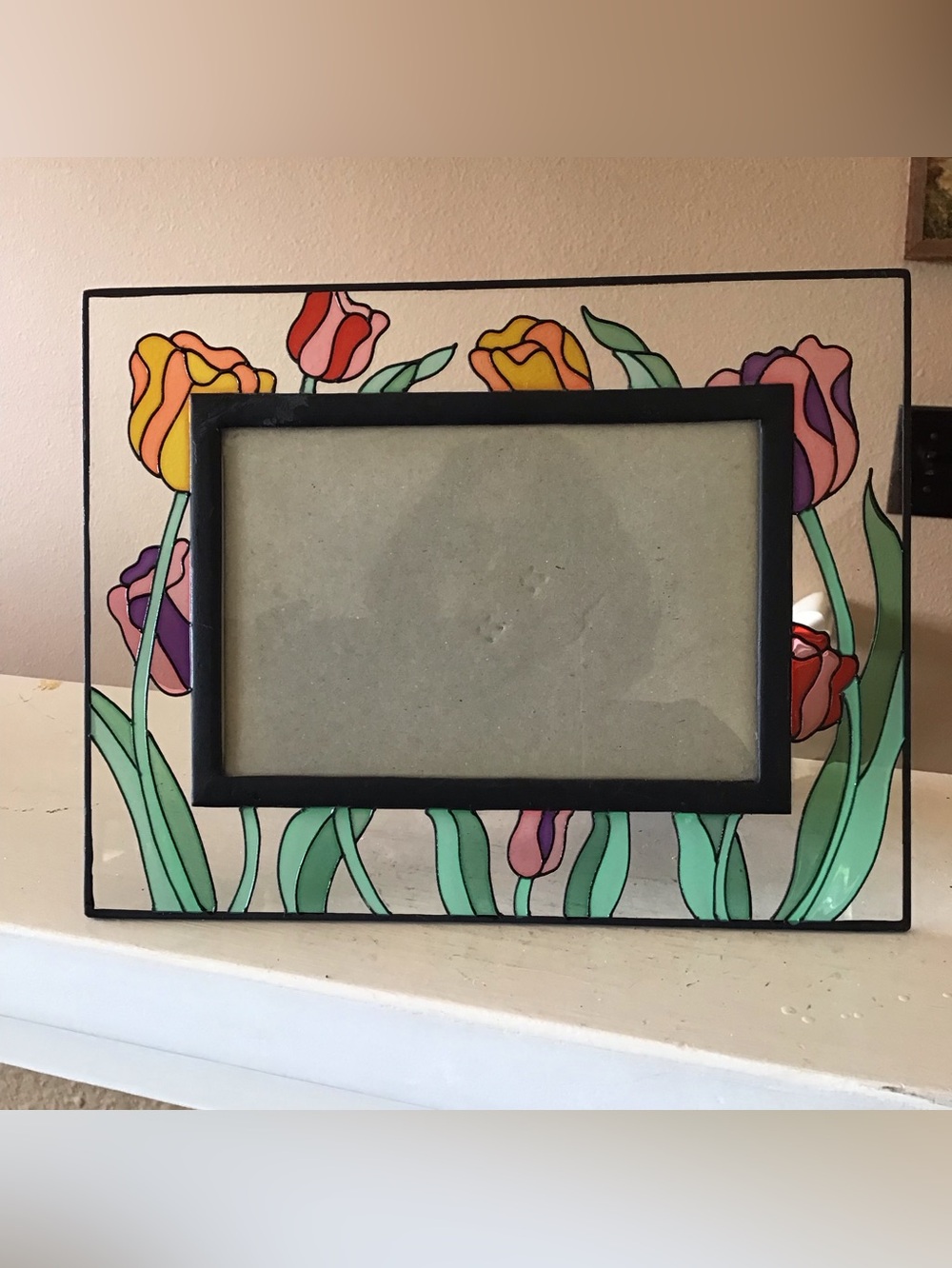 Vintage Stained Glass Style Tulips Picture Frame